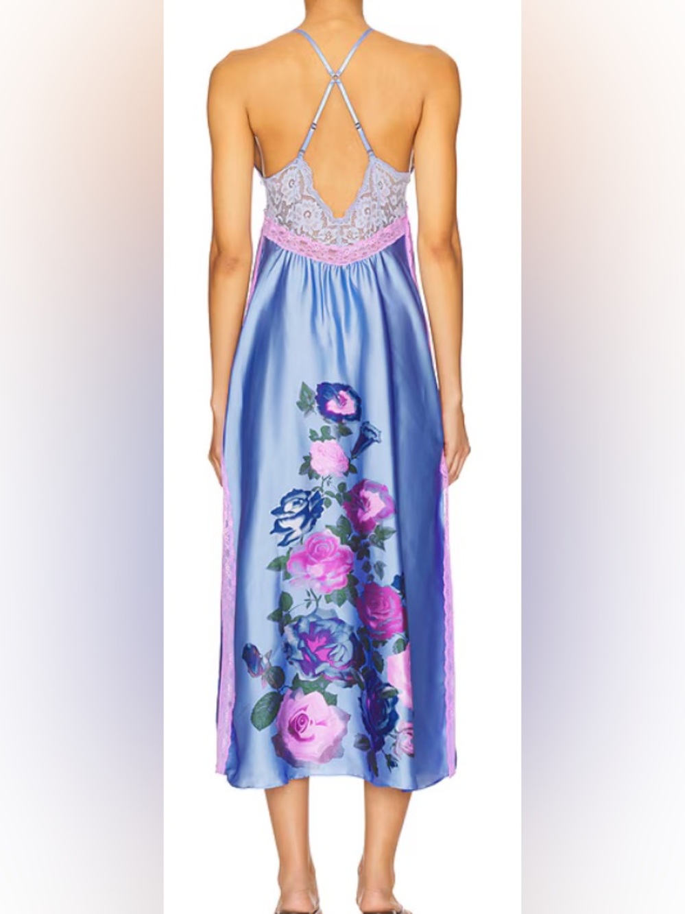 Free People Periwinkle Blue and Orchid Pink Floral Lace-Trim/Satin Slip Dress: M - Picture 3 of 10